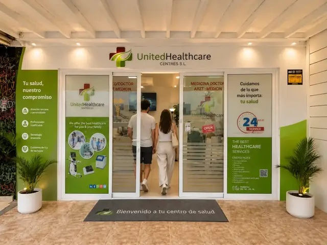 Entrada del Centro Médico Playa Blanca con visitantes